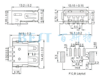 USB插座USB-A-18參考圖紙 USB插座USB-A-18參考圖紙